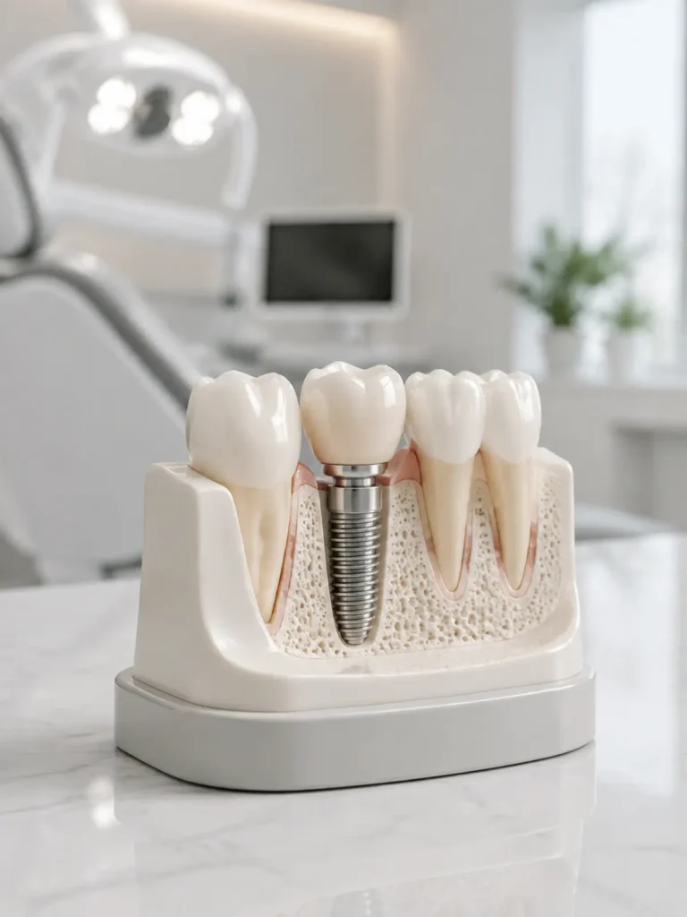 Implantes dentários em São Paulo: planejamento de implante em modelo odontológico.