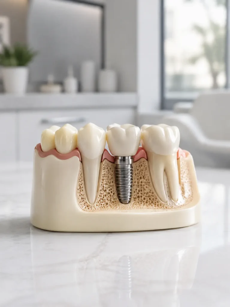 Implantodontia em São Paulo: modelo dental com implante e coroa em ambiente clínico.