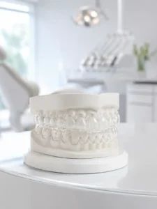 Ortodontia em São Paulo: alinhadores transparentes em modelo dental.