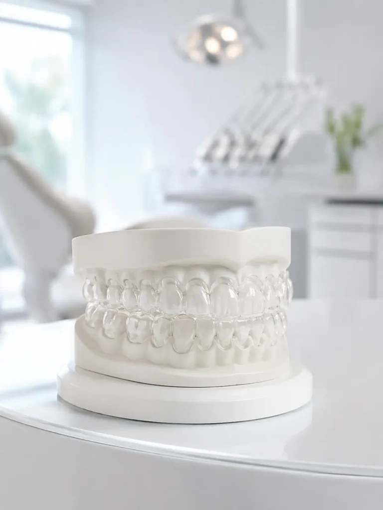 Ortodontia em São Paulo: alinhadores transparentes em modelo dental.