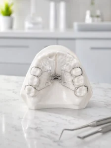 Ortopedia funcional dos maxilares em São Paulo: aparelho ortodôntico funcional em modelo dental.
